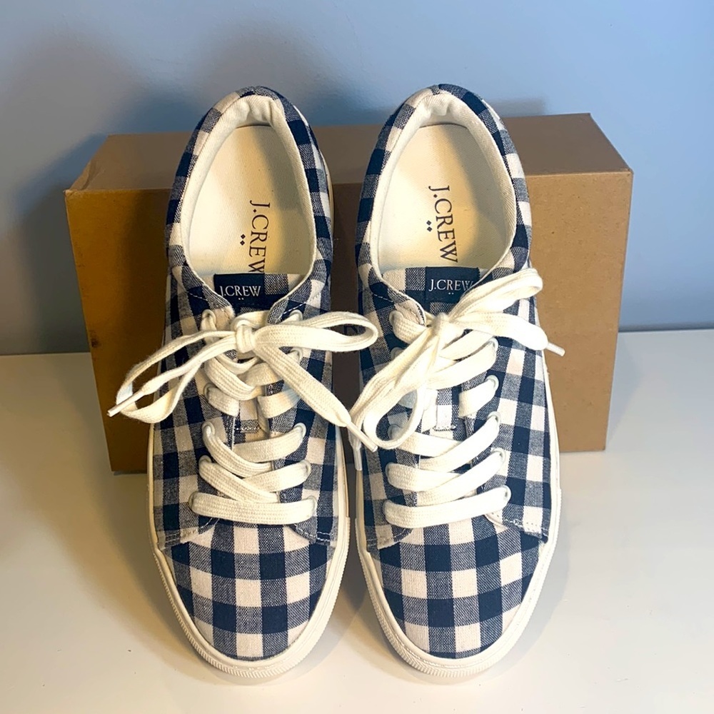 J. Crew Factory Navy Blue Gingham Printed Road Trip Sneakers NEW! - Picture 6 of 8